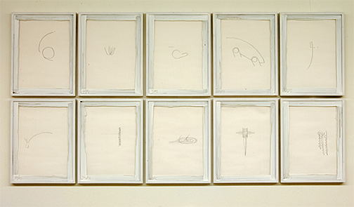 Richard Tuttle / Poem  2010  10 parts, each 34.5 x 26.5 x 2.5 cm paper: 30.6 x 22.8 cm pencil and color pencil on paper